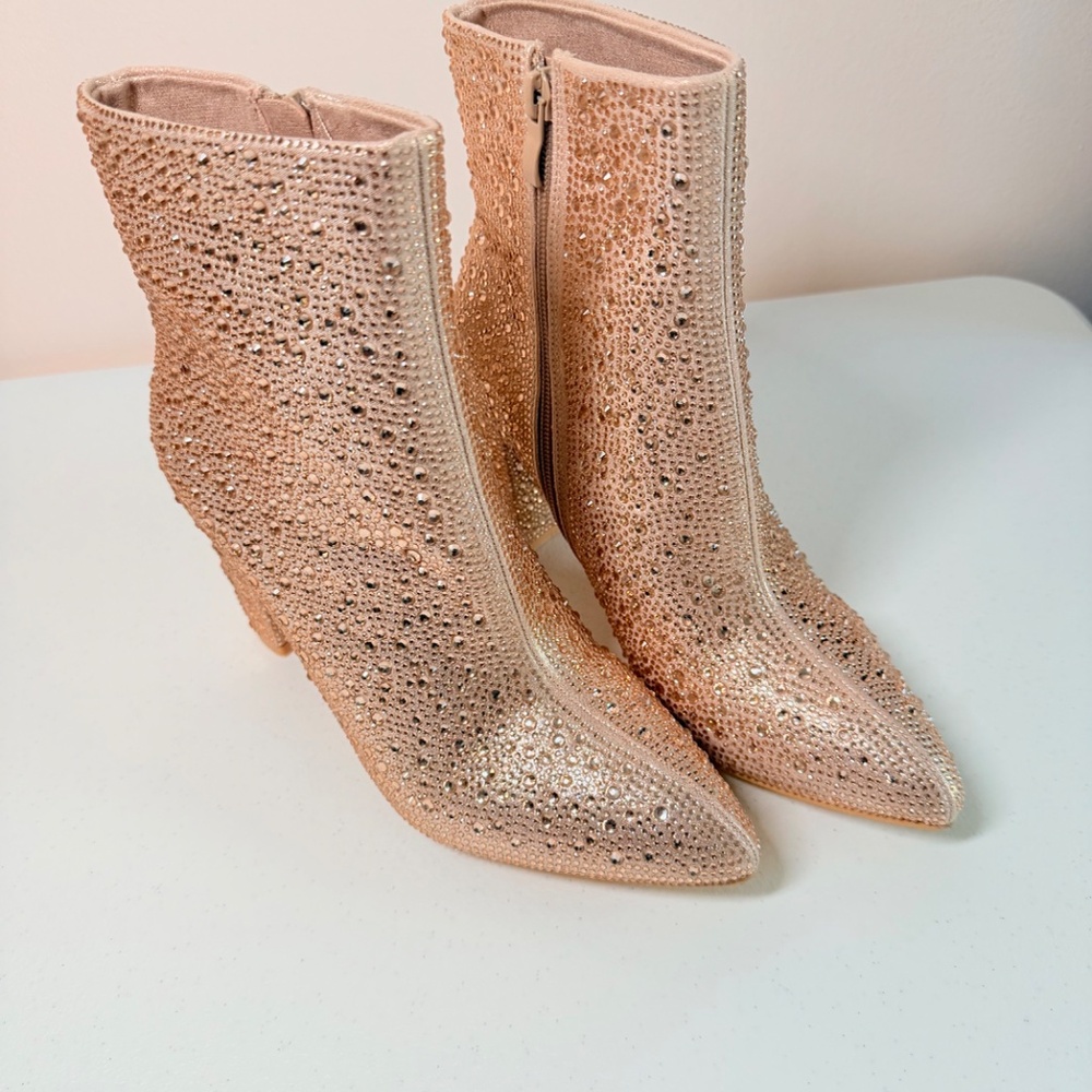 * Berness Rose Gold Ankle Boots With Rhinestone Embellishments 3" Block Heel - Picture 4 of 8